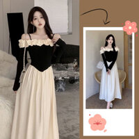 Váy Cami một vai tương phản của phụ nữ, Váy ăn tối chữ A mỏng vừa vặn, Váy hở vai cổ điển ren xếp li