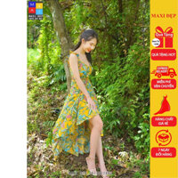 Váy Cánh Tiên Xẻ Tà Hoa Lá Xanh Nền Vàng Cao Cấp By Maxi Đẹp