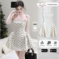 Váy chấm bi 2 dây đan lưng -Váy ngắn nữ xếp ly xinh xắn