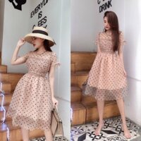 Váy chấm bi xoè 2 lớp tay nơ siêu xinh( kèm ảnh thật) màu be tôn da sáng