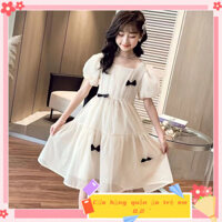 Váy chiffon cho bé gái mùa hè mới, tay phồng ngọt ngào, váy công chúa có nơ cho trẻ lớn 2025
