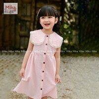Váy cho bé gái 8kg-30kg MIKA sát nách dáng xòe cổ phối ren. Đầm bé gái kẻ caro màu hồng cho bé từ 2 đến 8 tuổi
