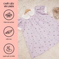 Váy cho bé gái kiểu dáng baby doll họa tiết hoa nhí màu xanh - Đầm cho bé gái vải lanh cao cấp M72 Fuku Babo