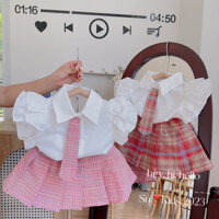 Váy cho bé gái , sét đồng phục học sinh áo sơ mi tay bèo cv kẻ xếp ly hàn quốc cho bé gái 10-30kg