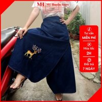 Váy Chống Nắng Xẻ Tà Nữ Vải Jean Dày Thêu Họa Tiết Nai Vàng Có Nút Bấm Chân Mỹ Huyền Store