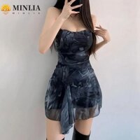 Váy chữ A MINLIA, Đầm buộc dây tua rua nhuộm, Váy đi biển hở lưng ngọt ngào Váy ngắn phong cách cô gái cay Váy ngắn nữ dự tiệc