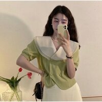 Váy cổ bèo trắng cột eo cài cúc bọc cốm đen có size xl big size 70kg