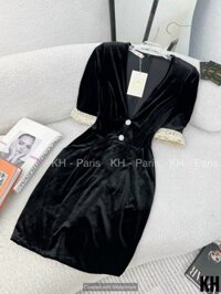 váy cổ body v  tay phối ren chất nhung tuyết mềm đẹp - Đen - S