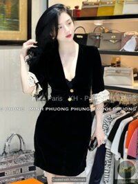 váy cổ body v  tay phối ren chất nhung tuyết mềm đẹp - Đen - M