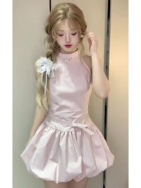 Váy Cổ Màu Hồng, Xinh Đẹp, Mùa Hè Mới Nhất, Cô Gái Nhỏ Không Tay, Váy Bó Hoa.