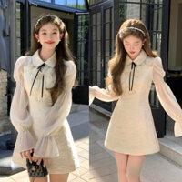 Váy cổ nơ dài tay tiểu thư thiết kế thon eo kiểu Pháp, Đầm ngắn xoè nhẹ phối ren cao cấp Order QC