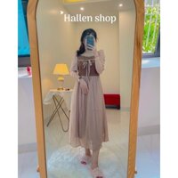 Váy cổ vuông tay bồng dáng xoè (Ảnh thật Hallen shop tự chụp)