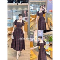 váy cổ vuông tay bồng kẻ caro đỏ dáng dài