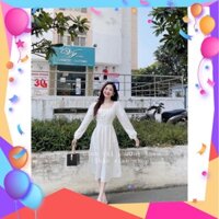 Váy Cổ Vuông Thắt Nơ Eo Dài Tay Màu Trắng - Đầm Nữ Cổ Vuông Nơ Lưng Tay Chun Dúm Ngực [Có sẵn]