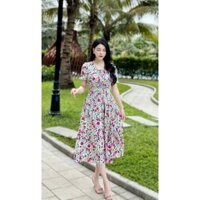 Váy cổ vuông trắng hoa đỏ nhún chun cách điệu