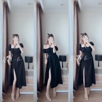 Váy cổ yếm cúp ngực trễ vai đen
