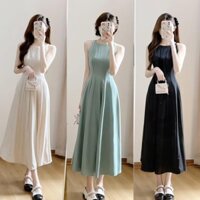 Váy cổ yếm dáng dài xòe chất chéo tiểu thư Hàn Quốc, Đầm cổ yếm dáng dài