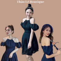 Váy cổ yếm hở vai tay bồng nữ dáng ngắn xòe màu xanh than đi biển - Qb