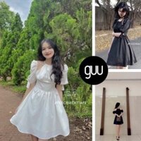 Váy cổ yếm hở vai tay bồng buộc nơ GUU chất vải đũi mềm dáng xòe tiểu thư sang chảnh phong cách Ulzzang