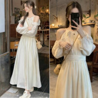 Váy Cổ Yếm LIORA Hở Vai Chiết Eo Chun Lưng Thắt Lụa Hàn Châu Tơ Bèo Dáng Dài 2 Lớp Tiểu Thư Hàn Quốc Duyên Dáng V86