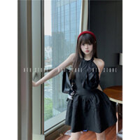 Váy cổ yếm màu đen cao cấp cho nữ 2024 phong cách mùa hè mới váy tutu dài đến eo váy ngắn chữ A