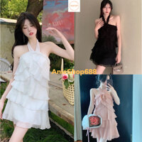 VÁY CỔ YẾM TƠ NHĂN NHIỀU BÈO XẾP TẦNG ĐI BIỂN TIỂU THƯ Đầm Chiffon Trễ Vai Eo Cao ANIESHOP688