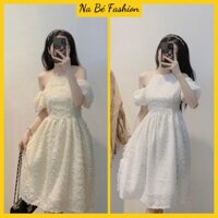 Váy cổ yếm trễ vai lông vũ cao cấp cực xinh - Đầm yếm tay bồng lông vũ hai màu kiều nữ 2 lớp babydoll Na Bé Fashion