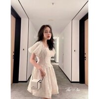 Váy Cổ Yếm Vải Gấm Hoa Nổi ( ảnh thật)