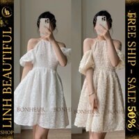 💕𝙁𝙍𝙀𝙀𝙎𝙃𝙄𝙋💕Váy cổ yếm trễ vai lông vũ cao cấp - Đầm yếm tay bồng lông vũ hai màu kiều nữ 2 lớp babydoll , Linh Beautiful