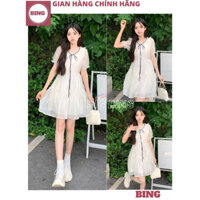 Váy công chúa babydoll cổ bèo thắt nơ xoè tầng bánh bèo hàn quốc, Đầm tiểu thư voan tơ tay bồng xinh xắn - BING