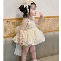 Váy công chúa bé gái, Váy cổ yếm vải lông mềm đẹp, tùng có lớp lót bồng váy, nơ sau bản to cho bé từ 8-25kg Cherry Kids