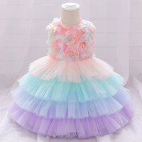 🌟Váy Công Chúa Bé Gái,Đầm Công Chúa Bé Gái Hoa 3D, Váy Bé Gái Hoa Hồng Chân Váy bẩy sắc cầu vồng.