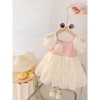 Váy công chúa cho bé gái phong cách Hàn Quốc váy thun ngắn tay trễ vai phối tơ óng xinh D1093