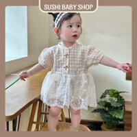 Váy công chúa cho bé gái SUSHI BABY SHOP bodysuit liền thân sơ sinh váy kẻ caro phối ren ngắn tay phong cách tiểu thư
