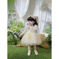 Váy công chúa cho bé gái xòe bồng màu kem thêu hoa hàng thiết kế tặng nơ cài tóc V15