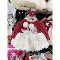 Váy công chúa cho bé, Váy Lông Thỏ Xoắn Nơ Phối Hoa Trà Kèm Bờm Cho Bé 0-12kg Mặc Tết