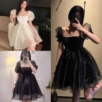 Váy công chúa cổ vuông bồng xoè- Đầm babydoll nữ tiểu thư chất voan 2 lớp về 2 màu trắng đen phong cách ulzzang