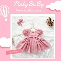 Váy Công Chúa Hồng Đai Nơ Cổ Đính Cườm Cho Bé Sơ Sinh Đến 15kg Kèm Bờm Nơ, Đầm Đầy Tháng Cho Bé.