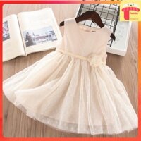 Váy công chúa trẻ em 1-7 tuổi sát nách đính hoa chấm bi, Đầm ren bé gái