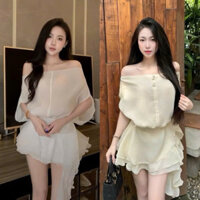 Váy Công Chúa Trễ Vai Hở Lưng Cúc Bọc Dây Buộc đính Hoa Eo Chất Voan Tơ, Đầm Nữ Xoè Dự Hở Vai Hàn Quốc dễ thương, EYE