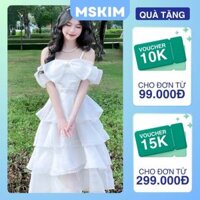 Váy công chúa trễ vai nơ to dáng xòe nhiều tầng Đầm trắng dự tiệc hở vai tiểu thư dài qua gối bánh bèo T397G