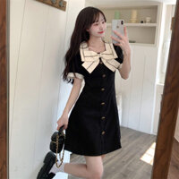 Váy cottagecore Đầm babydoll Váy body Đầm ngắn tay cổ vuông nơ cỡ lớn dành cho nữ phiên bản Hàn Quốc