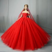 Váy cưới búp bê Barbie màu đỏ Váy dự tiệc dạ hội Quần áo Barbie Mặc váy dài Trang phục có tấm che mặt Phụ kiện búp bê 1 / 6