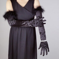 Váy cưới dài ren lông đen satin retro mùa hè cho phụ nữ, găng tay bảo vệ mặt trời chính thức bằng spandex satin đàn hồi