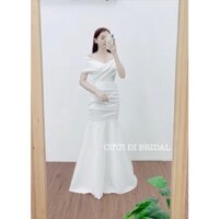 Váy cưới , Đầm cưới, Đầm thiết kế,Váy cưới đi bàn bẹt vai xếp ly phối lưới CD161 - Váy cưới đẹp sang trọng - Cưới đi bri