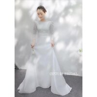 Váy cưới , Đầm cưới, Đầm thiết kế, Váy cưới đi bàn cổ  thuyền tay lửng phối ren + hở lưng CD106 - Váy cưới đẹp sang trọn