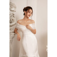 Váy cưới đuôi cá bẹt vai nẹp voan tơ