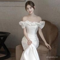 Váy cưới đuôi cá kiểu Pháp, sợi chính cô dâu mới, váy cưới satin kết cấu cao cấp, tay áo phồng một bên vai