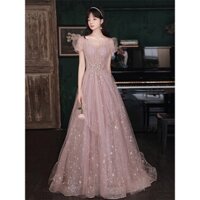 /Váy cưới màu hồng của phụ nữ 2025 phong cách mùa xuân mới kết cấu phụ nữ chủ nhà váy dạ hội dài tay ngắn