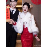 Váy cưới màu trắng, khăn choàng lông, váy chúc rượu, áo choàng sườn xám cô dâu, áo choàng kiểu Trung Quốc mới, dày giữ ấm cho nữ mùa đông